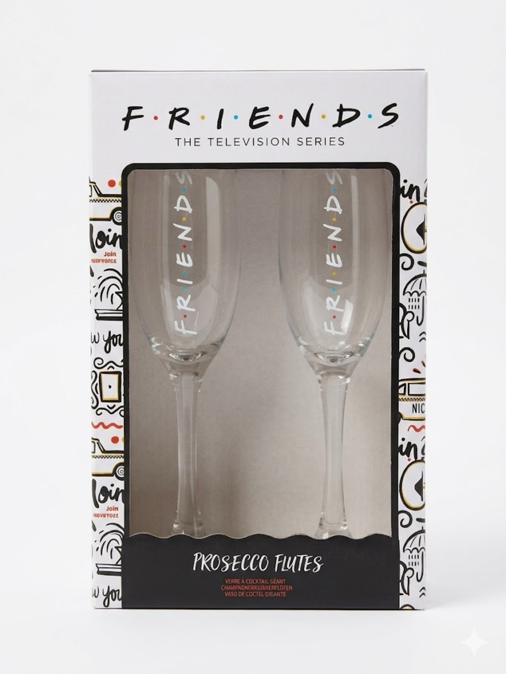 FRIENDS Clear Prosecco Champagne Flutes 2 Glass Set NWT